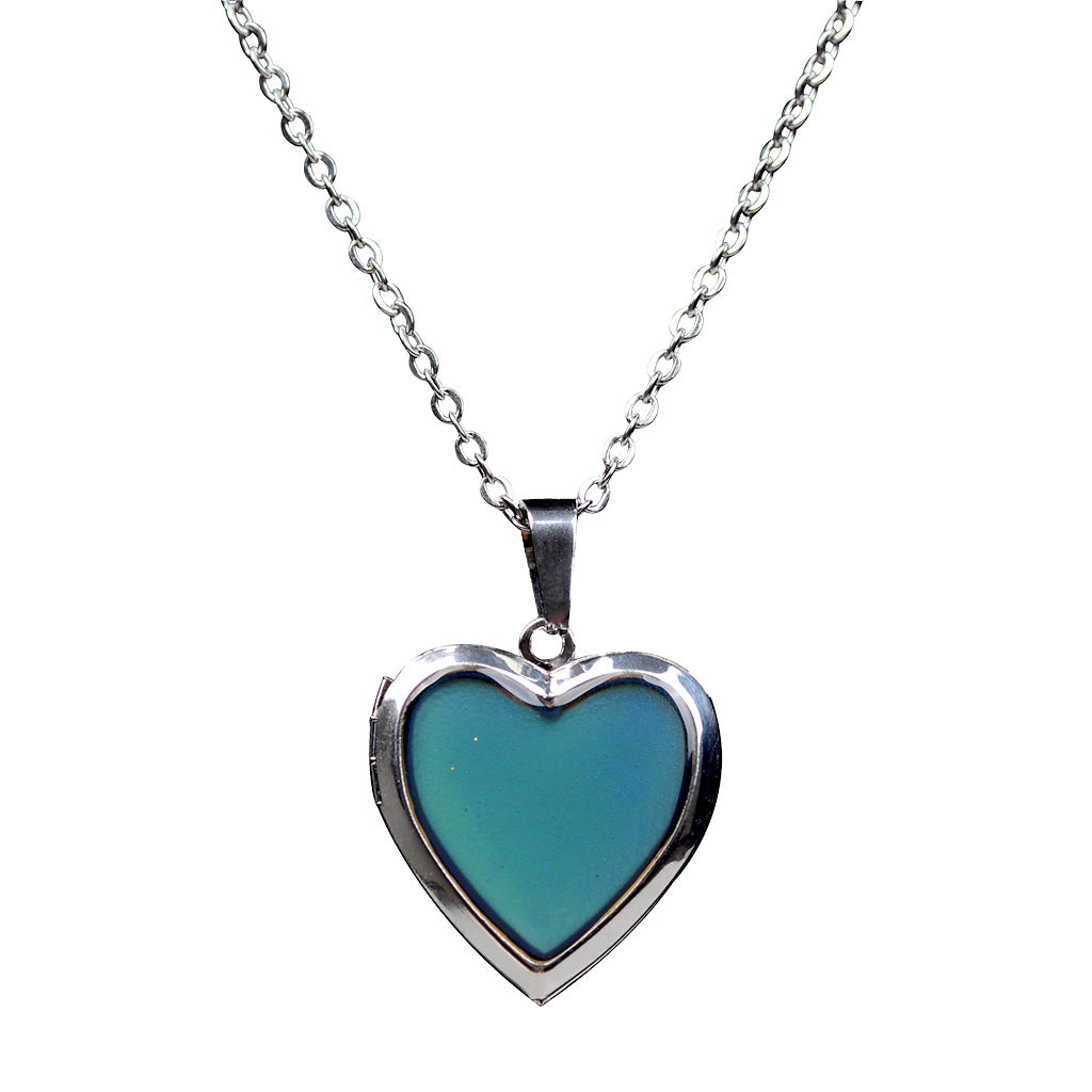 Heart Mood Locket Necklace Color Changing Pendant Necklace Stainless Steel Chain