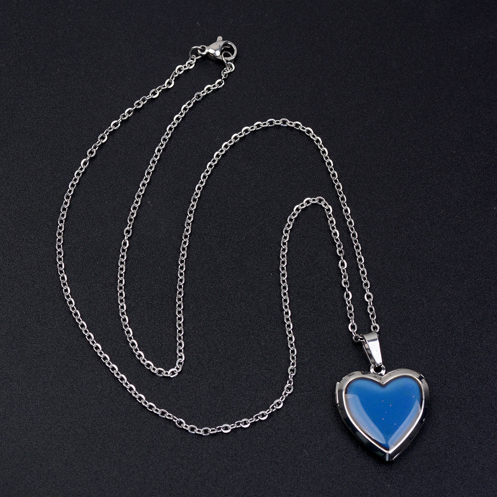 Heart Mood Locket Necklace Color Changing Pendant Necklace Stainless Steel Chain